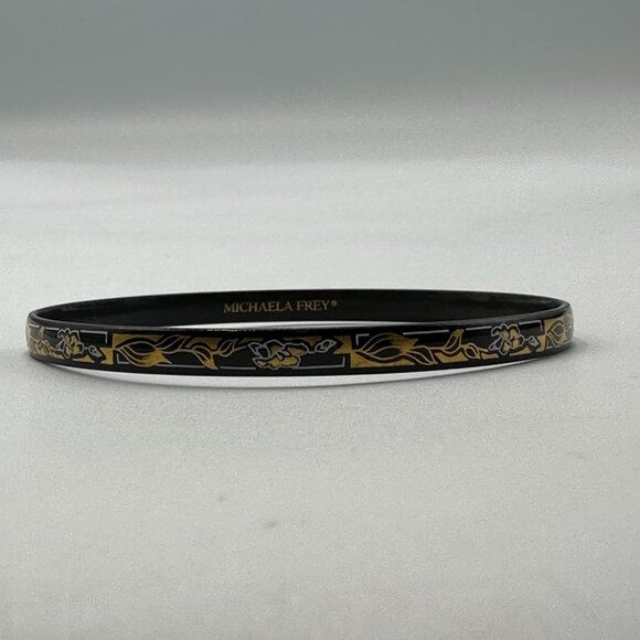 Michaela Frey Vienna Bracelet Black Gold Tone Floral Enamel Bangle 8 Inch - Picture 4 of 9